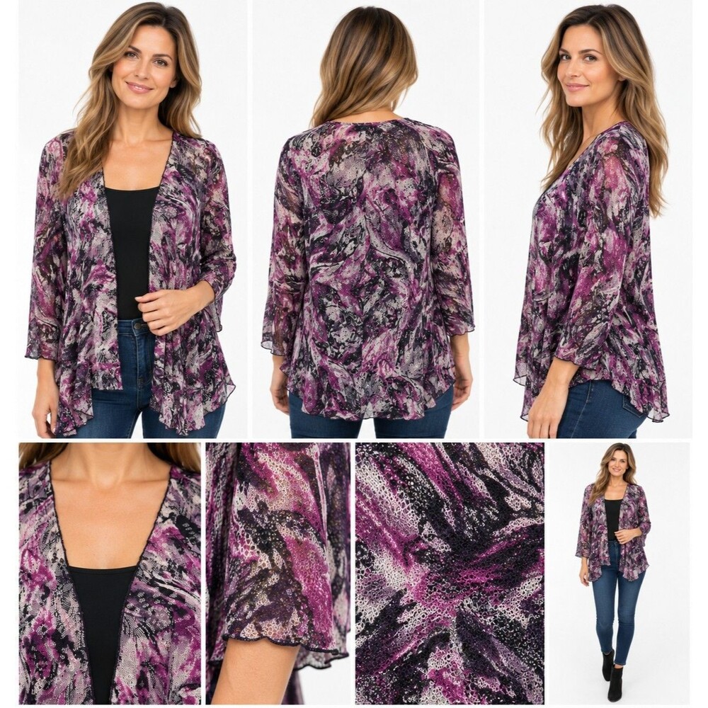 Purple Geometric Print Open Front Kimono Wrap Cardigan Large Lace